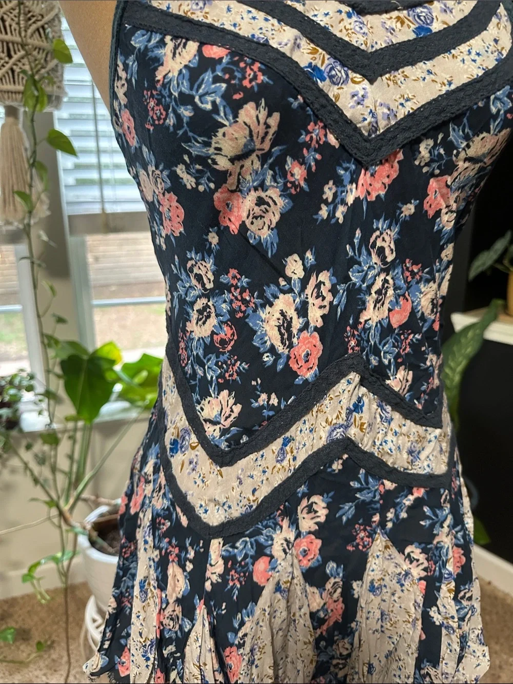 Floral Navy and Cream Spaghetti Strap Dress - Picture 2 of 3